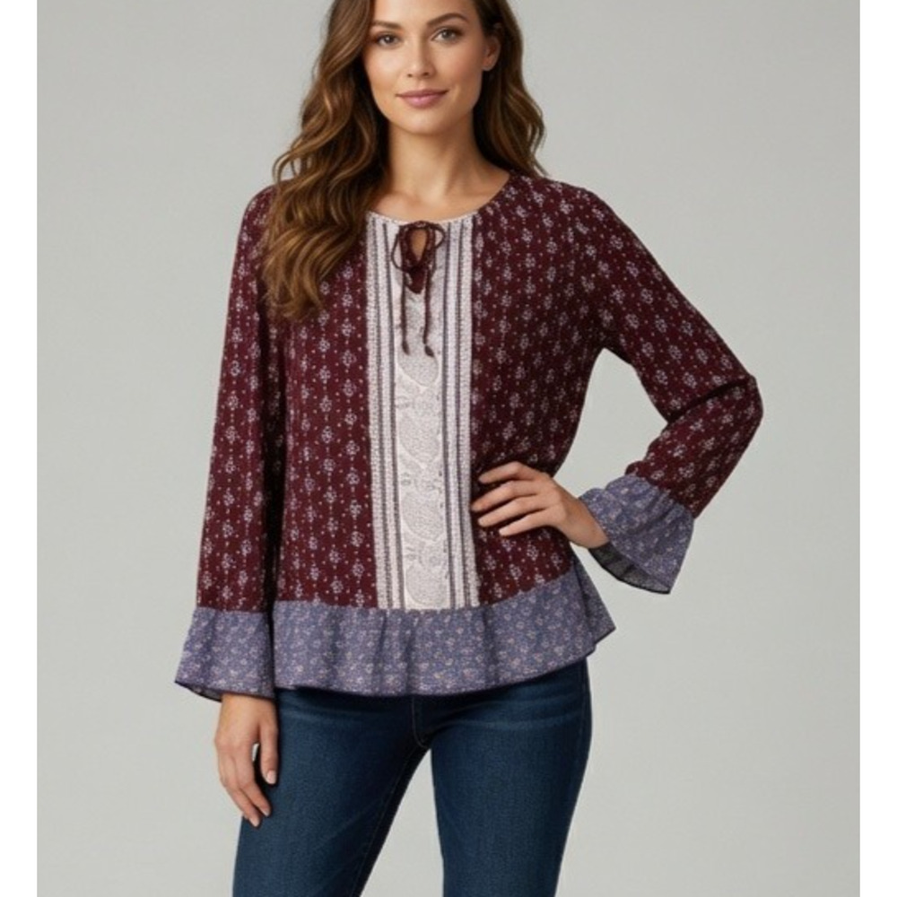 Lucky Brand Boho Blouse Small Burgundy Peasant Top Tie Neck Ruffle Hem Casual - Picture 1 of 9